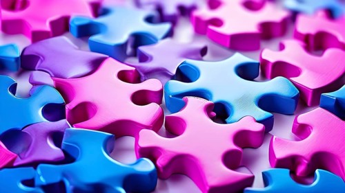Illustration of scattered magenta and blue puzzle pieces sprawled across as a wallpaper background,