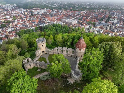 Aerial view of the Honburg castle ruins on the Honberg with the town of Tuttlingen, district of