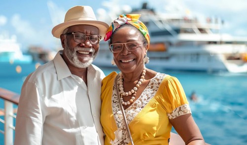 Happy african american senior couple portrait in front of their luxury cruise ship. generative AI,