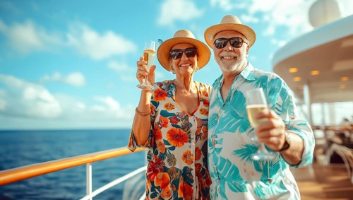 Happy senior couple toasting champagne on the deck of their luxury cruise ship. generative AI, AI