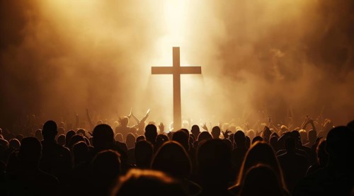 Large crowd of people praying to god and Jesus in front of the Cross, AI generated