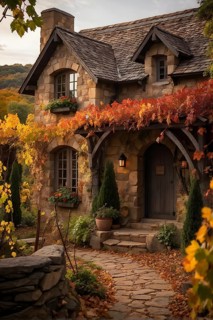 Rustic vineyard cottage nestled in a canopy of vines leaves showcasing autumns color palette in the