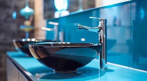 A sink with a black bowl and a silver faucet in a modern luxury condo, AI generated