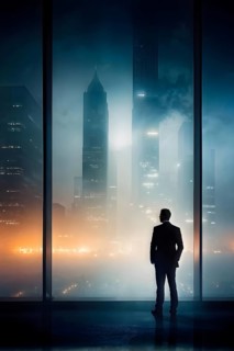 Silhouette of a businessman against a backdrop double exposure that reveals a destroyed cityscape,