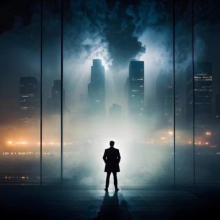 Silhouette of two businessman against a backdrop double exposure that reveals a destroyed