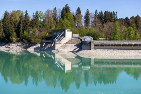 Lech barrage at Forggensee, Lech, power station, head reservoir, flood protection, flood