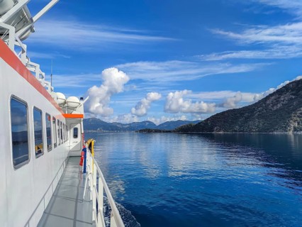 Ferryboat off the coast of Marmaris, Mugla province, Aegean Sea, Turkey, Asia