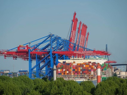Container port with large coloured containers and cranes as well as trees in the foreground, cranes