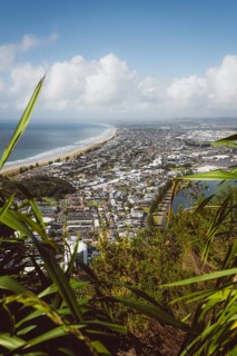 View from the viewpoint of Mount Manganui with a view of the sea and the city. Taken in Tauranga,