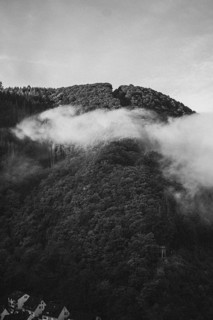 A mountain rises mysteriously out of the fog, surrounded by a dark forest. Brodenbach, Germany,
