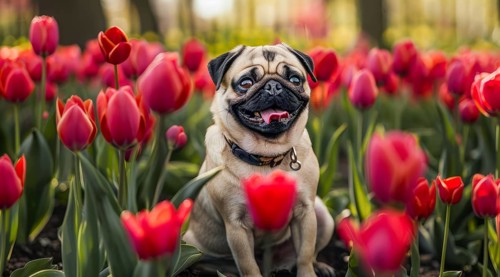 Portrait of a pug standing in the field with flowers, AI generated