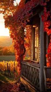 Close up of a rustic vineyard cottage nestled in a canopy of vines leaves showcasing autumns color