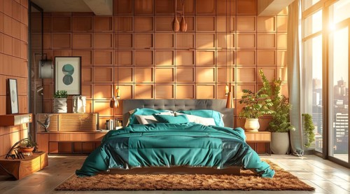 Modern bedroom in a condo or loft with modern trendy furniture. Large and bright space, AI