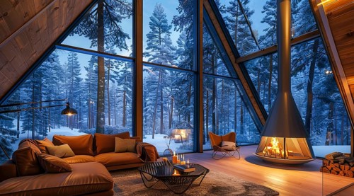 Modern living room in a chalet with furniture. Large and bright space with floor to ceiling