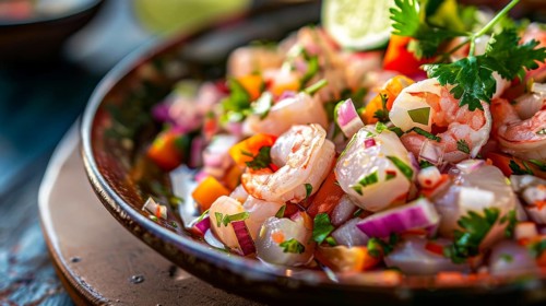 A fresh citrusy shrimp ceviche with onions, cilantro, and diced tomatoes, AI generated