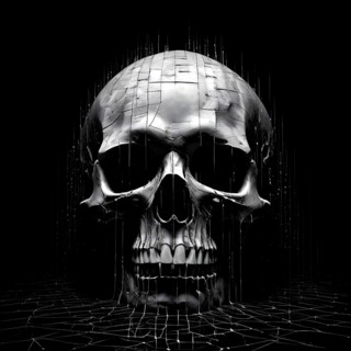 Broken skull with a cascade of binary digits forming a tidal wave stream, AI generated