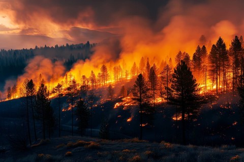 View of a forest fire is raging through a forest, with smoke and flames visible in the air. The
