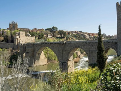Historic stone bridge with arches over a river, surrounded by a cityscape and vegetation, sunny