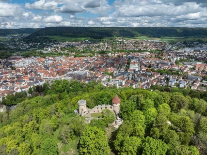 Aerial view of the Honburg castle ruins on the Honberg with the town of Tuttlingen, district of