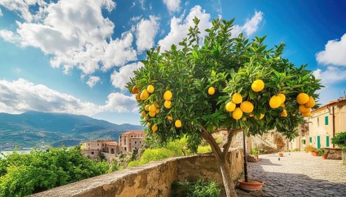 Lemon tree with ripe fruit in a Mediterranean landscape AI generated, AI generated
