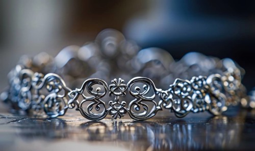 A delicate silver charm bracelet adorned with intricate filigree details AI generated