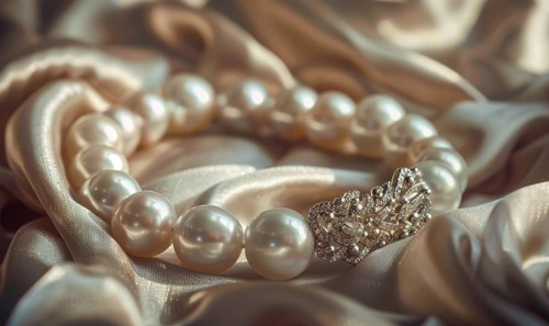 A pearl bracelet adorned with intricate charms resting on a luxurious satin material background AI