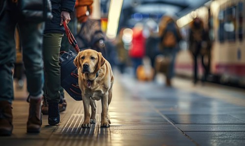A guide dog assisting its owner in navigating through a crowded train station AI generated