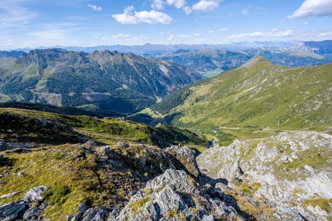 View from the summit of Baerenbadegg, mountain panorama with view into the Dorfertal valley, Carnic