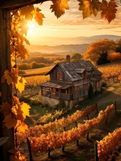 Aerial view of a rustic vineyard cottage nestled in a canopy of vines leaves showcasing autumns