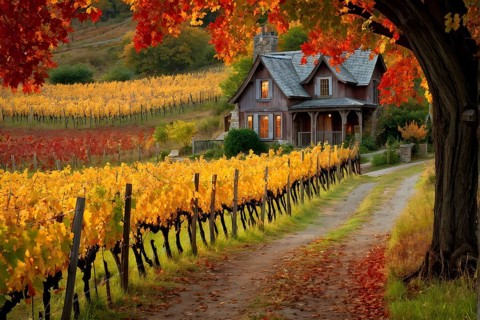 Rustic vineyard cottage nestled in a canopy of vines leaves showcasing autumns color palette in the