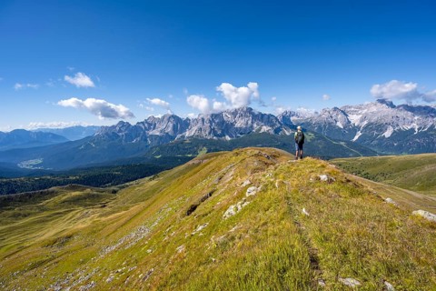Mountaineers on a hiking trail between green mountain meadows on a mountain ridge, mountain