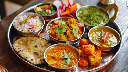 Assorted Indian dishes served in metal bowls, featuring curries, rice, and chapati, AI generated