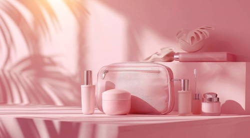 A pink purse with makeup and other cosmetic beauty items on a table, AI generated