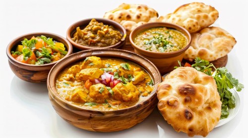 Array of Indian dishes in terra cotta bowls with naan bread and various garnishes, AI generated