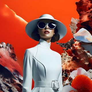 AI generated surreal fashion and beauty portrait poster collage with random weird subjects