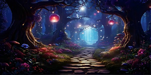 AI generated enchanted forest illustration intertwining trees aglow with magical light