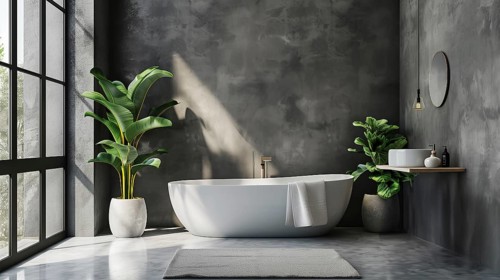 Modern Bathroom Interior, bathroom accessories, interior plants and bathtub. AI generated