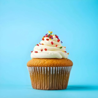 Cupcake with swirls of buttercream frosting in vanilla against blue background, AI generated