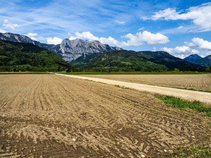 Field path leads through farmland, mountain range behind, near Woerschach, Ennstal, Styria,