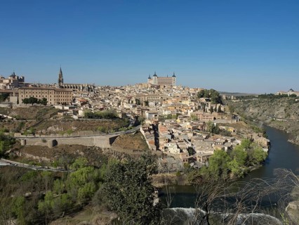View of a historic riverside town with distinctive architecture and church towers, framed by hills