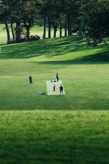 Group of people playing sports cricket in a meadow in a park in the countryside. Taken at lunchtime