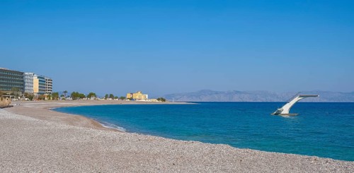 Elli Beach, city beach, free-standing diving tower in the sea, Rhodes, Dodecanese archipelago,