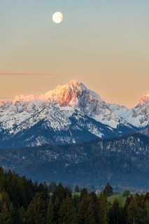 Allgaeu Alps, view from Hegratsrieder See, snow, dawn, moon, Allgaeu, Bavaria, Germany, Europe
