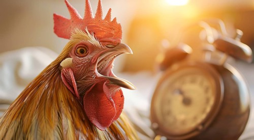 A rooster is standing in front of a clock with its beak open. Concept of a loud alarm clock, AI