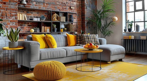 Modern living room in a condo or loft with modern trendy furniture a grey couch and yellow pillows,