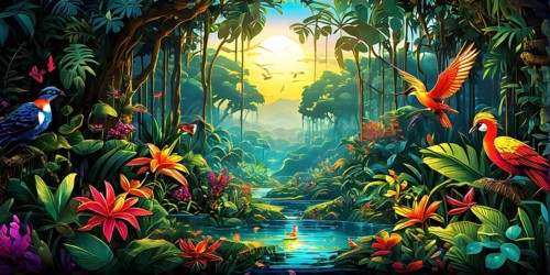 AI generated illustration of an enchanted fairy tale jungle inhabited by magical fantasy animals in