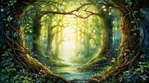 AI generated enchanted forest illustration intertwining trees aglow with magical light