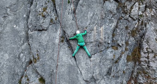 Sport climbing with rope, climber on a rock face, Frauenwasserl climbing garden, Ammergau Alps,