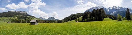 Meadow and hay barn at the Salzkammergut, cycle path, mountain range Grimming, panoramic view, near
