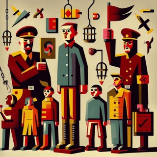 An abstract illustration of authoritarian characters and children, filled with propaganda symbols